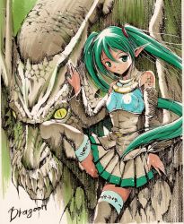 Rule 34 | bad id, bad pixiv id, dragon, green eyes, green hair, hatsune miku, moonsorrow, pointy ears, solo, thighhighs, twintails, vocaloid