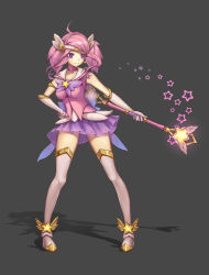 Rule 34 | 1girl, absurdres, ahoge, alternate costume, alternate hair color, alternate hairstyle, ankle wings, bi ge xing, breasts, choker, earrings, elbow gloves, full body, gloves, grey background, hand on own hip, highres, jewelry, league of legends, lux (league of legends), magical girl, pink hair, pleated skirt, purple eyes, simple background, skirt, solo, standing, star-shaped pupils, star (symbol), star earrings, star guardian (league of legends), star guardian lux, symbol-shaped pupils, thighhighs, tiara, twintails, wand, white gloves, wings