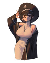 Rule 34 | 1girl, arm up, bare shoulders, black eyes, black hair, black headwear, black jacket, breasts, covered navel, cowboy shot, dress, female focus, highres, jacket, jewelry, large breasts, looking at viewer, necklace, off shoulder, original, rinotuna, short hair, sideboob, simple background, smile, solo, white background, white dress
