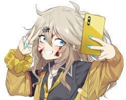 Rule 34 | antenna hair, aqua nails, black shirt, blood, blood on face, blue eyes, blush, brown hair, cardigan, collared shirt, commentary request, crazy, crazy eyes, grin, hair ornament, hairclip, jewelry, kasukabe tsumugi, long hair, long sleeves, looking at viewer, magatama, magatama necklace, mole, mole under eye, necklace, necktie, off shoulder, one side up, open cardigan, open clothes, popped collar, scrunchie, selfie, shirt, smile, taking picture, upper body, v, voicevox, wavy hair, wide-eyed, wrist scrunchie, yappen, yellow cardigan, yellow necktie