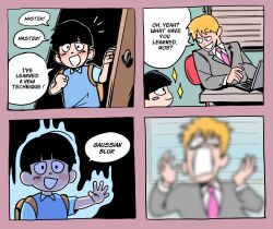 Rule 34 | 2boys, 4koma, backpack, bag, black eyes, black hair, blonde hair, blue shirt, blunt bangs, blurry, blush, bowl cut, buttoned cuffs, buttons, collared shirt, comic, commentary, door, english commentary, english text, formal, highres, indoors, kageyama shigeo, long sleeves, looking at another, male focus, mob psycho 100, multiple boys, necktie, open mouth, opening door, reigen arataka, shirt, short hair, short sleeves, sitting, smile, speech bubble, suit, vero (flanzee)