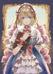 Rule 34 | 1girl, absurdres, alice margatroid, ascot, blonde hair, blue dress, blue eyes, blush, book, capelet, dress, flower, frilled ascot, frilled sash, frills, grimoire of alice, hairband, highres, lolita hairband, meiko shinoki, pink flower, pink rose, puffy short sleeves, puffy sleeves, red hairband, ribbon-trimmed sleeves, ribbon trim, rose, sash, short hair, short sleeves, solo, touhou, wavy hair, white capelet