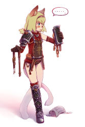 Rule 34 | 00s, 1girl, animal ears, armor, bad id, bad pixiv id, belt, blonde hair, blue eyes, final fantasy, final fantasy xi, full body, gloves, highres, mithra (ff11), nucomas, pauldrons, shoulder armor, simple background, solo, white background