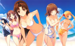 Rule 34 | 10s, 5girls, :d, ;d, absurdres, amatsuka haruka, amatsuka hikaru, amatsuka hotaru, amatsuka rikka, amatsuka urara, ass, baby princess, babydoll, beach, bent over, bikini, breasts, brown eyes, brown hair, casual one-piece swimsuit, cleavage, cloud, covering privates, covering breasts, day, embarrassed, front-tie top, green eyes, hairband, hand on own ass, hat, highres, holding, holding clothes, holding hat, long hair, medium breasts, mibu natsuki, multiple girls, one-piece swimsuit, one eye closed, open mouth, outdoors, short hair, side-tie bikini bottom, sky, small breasts, smile, sun hat, swimsuit, topfreedom, topless, twintails, wink
