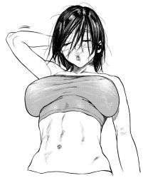 Rule 34 | 1girl, abs, arm up, bare shoulders, breasts, closed eyes, closed mouth, collarbone, commentary request, crop top, eyebrows, facial scar, facing viewer, from below, genderswap, genderswap (mtf), golden kamuy, greyscale, hair between eyes, hair over eyes, kimidake, large breasts, lips, monochrome, muscular, muscular female, navel, scar, scar on cheek, scar on face, scar on mouth, scar on nose, solo, stomach, sugimoto saichi, thick eyebrows, upper body