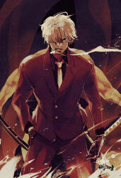 Rule 34 | 1boy, black shirt, blonde hair, cigarette, commentary, cowboy shot, curly eyebrows, english commentary, facial hair, formal, fujisee, gloves, goatee, hair over one eye, highres, looking at viewer, male focus, necktie, one piece, sanji (one piece), shirt, short hair, smoke, solo, suit, twitter username