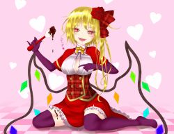 Rule 34 | 1girl, black ribbon, blonde hair, bow, bowtie, breasts, checkered floor, chocolate, cleavage, commentary request, crystal, dai zu san, dress, elbow rest, fang, flandre scarlet, flower, frilled dress, frills, gloves, hair flower, hair ornament, half-closed eyes, heart, heart background, holding, holding spatula, long hair, looking at viewer, medium breasts, neck ribbon, open mouth, partially unbuttoned, pink background, purple gloves, purple thighhighs, red dress, red eyes, red flower, red rose, ribbon, rose, shadow, sharp teeth, short dress, short sleeves, sitting, smile, solo, spatula, teeth, thighhighs, touhou, translated, underbust, valentine, wings, yellow bow, yellow bowtie, yokozuwari