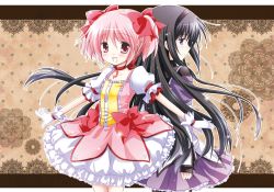 Rule 34 | 10s, 2girls, akemi homura, back-to-back, black hair, blush, bow, choker, dress, gloves, hair bow, kaname madoka, long hair, magical girl, mahou shoujo madoka magica, mahou shoujo madoka magica (anime), multiple girls, open mouth, outstretched arms, pantyhose, pink eyes, pink hair, purple eyes, short hair, smile, spread arms, twintails, white-brown, white gloves