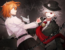 Rule 34 | 1boy, 1girl, black pantyhose, black skirt, blazer, chain, command spell, edmond dantes (fate), edmond dantes (first ascension) (fate), eye contact, fate/grand order, fate (series), fedora, fujimaru ritsuka (female), gloves, hair between eyes, hair ornament, hair over one eye, hair scrunchie, hand up, hat, jacket, long sleeves, looking at another, open clothes, open jacket, open mouth, orange eyes, orange hair, pantyhose, parted lips, pleated skirt, red eyes, scrunchie, side ponytail, skirt, teeth, uniform, uraha, wavy hair, white gloves, white hair