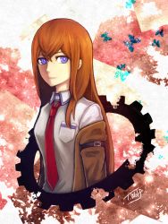 Rule 34 | 1girl, artist name, breasts, brown hair, bug, butterfly, collared shirt, gears, bug, jacket, long hair, makise kurisu, necktie, off shoulder, purple eyes, science adventure, shirt, signature, small breasts, solo, steins;gate, t.wolf