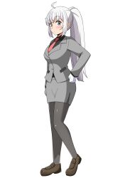 Rule 34 | 1girl, absurdres, ahoge, aikawa ryou, black shirt, blue eyes, blush, breasts, brown footwear, closed mouth, collared shirt, commentary request, commission, formal, full body, gloves, grey jacket, grey pantyhose, grey skirt, groin, hand on own hip, highres, jacket, loafers, long hair, long sleeves, medium breasts, necktie, pantyhose, pantyhose under shorts, pixiv commission, ponytail, red necktie, shirt, shoes, shorts, simple background, skirt, skirt suit, solo, standing, suit, trainer (umamusume), umamusume, very long hair, white background, white gloves, white hair