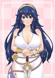 Rule 34 | 1girl, absurdres, alternate breast size, bare shoulders, blue eyes, blue hair, blush, border, breasts, checkered background, closed mouth, collarbone, commentary, dress, english commentary, falchion (fire emblem), fire emblem, fire emblem awakening, highres, holding, holding sword, holding weapon, large breasts, long hair, looking at viewer, lucina (fire emblem), misune art, nintendo, outside border, pink background, pink lips, smile, solo, standing, sword, tiara, weapon, white border, white dress