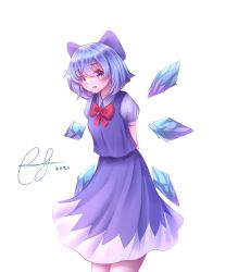 Rule 34 | 1girl, absurdres, blue bow, blue dress, blue eyes, blue hair, bow, cirno, collar, dress, evermythic, eyes visible through hair, hair between eyes, highres, ice, ice wings, light, looking at viewer, open mouth, puffy short sleeves, puffy sleeves, red bow, red neckwear, shadow, shirt, short hair, short sleeves, signature, simple background, smile, solo, standing, touhou, white background, white shirt, wings
