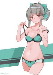 Rule 34 | 1girl, absurdres, ahoge, bare shoulders, blush, bow, bra, breasts, brown eyes, collarbone, cowboy shot, green bow, green bra, green panties, grey hair, hair bow, highres, kantai collection, looking at viewer, navel, off shoulder, panties, ponytail, sidelocks, small breasts, solo, underwear, underwear only, undressing, uut, yuubari (kancolle)