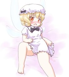 Rule 34 | 1girl, bare legs, barefoot, blonde hair, blush, bow, breasts, chestnut mouth, dress, drill hair, fairy, fairy wings, hat, leg lift, luna child, lying, microdress, mob cap, nose blush, on back, open mouth, orange eyes, panties, pantyshot, pink panties, plump, puffy short sleeves, puffy sleeves, short sleeves, small breasts, touhou, uho (uhoyoshi-o), underwear, white dress, wings