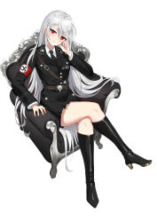 Rule 34 | 1girl, absurdres, armchair, black footwear, boots, chair, crossed legs, hand on own head, highres, leticia0, long hair, looking at viewer, military, military uniform, nazi, nazi war ensign, original, red eyes, sitting, solo, tight clothes, uniform, white background, white hair