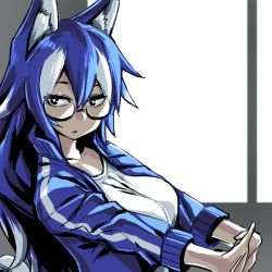 Rule 34 | 10s, 1girl, animal ears, bad id, bad twitter id, black-framed eyewear, black eyes, blue hair, blue jacket, breasts, bright pupils, collarbone, eyebrows, eyelashes, grey wolf (kemono friends), hair between eyes, hori (hori no su), interlocked fingers, jacket, kemono friends, large breasts, long hair, long sleeves, multicolored hair, open clothes, open jacket, open mouth, outstretched arms, semi-rimless eyewear, shirt, solo, track jacket, two-tone hair, under-rim eyewear, white hair, white pupils, white shirt, wolf ears