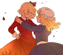 Rule 34 | 2girls, aki shizuha, bad id, bad pixiv id, blonde hair, closed eyes, dancing, dress, from side, hair flowing over, hair ornament, hat, holding, holding clothes, leaf hair ornament, maribel hearn, mob cap, multiple girls, nekolina, purple dress, red dress, smile, touhou, upper body, wind