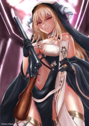 Rule 34 | 1girl, absurdres, ammunition, azur lane, bare shoulders, black gloves, blonde hair, blurry, blurry background, breast cutout, breasts, cleavage, clothing cutout, cowboy shot, double-barreled shotgun, evil smile, fake horns, framed breasts, gloves, gun, habit, hair between eyes, half gloves, highres, holding, holding gun, holding weapon, horns, implacable (azur lane), large breasts, looking at viewer, navel, nun, pelvic curtain, red eyes, revealing clothes, shotgun, shotgun shell, smile, solo, stomach cutout, tabathaviltaria, thighhighs, weapon, white horns, white thighhighs