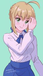 Rule 34 | 1girl, absurdres, ahoge, artoria pendragon (all), artoria pendragon (fate), blonde hair, breasts, commentary, dated, dress, fate/grand order, fate/stay night, fate (series), green eyes, hair ribbon, highres, long bangs, long hair, long sleeves, looking at viewer, medium breasts, ribbon, saber (fate), smile, solo, tsunemoku