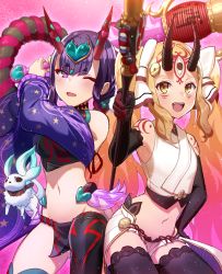 Rule 34 | 2girls, :d, ;d, bare shoulders, black legwear, blonde hair, blurry, blurry foreground, blush, brown eyes, chinese clothes, club, club (weapon), commentary request, creature, crop top, depth of field, detached sleeves, dudou, eyeshadow, facial mark, fang, fate/grand order, fate (series), forehead mark, fundoshi, gradient hair, groin, headpiece, heart, highres, holding, horns, ibaraki douji (fate), ibaraki douji (fate/grand order), ibaraki douji (swimsuit lancer) (fate), ibaraki douji (swimsuit lancer) (third ascension) (fate), japanese clothes, long hair, long sleeves, looking at viewer, makeup, mikomiko (mikomikosu), multicolored hair, multiple girls, navel, one eye closed, oni, open mouth, pelvic curtain, pink hair, purple eyes, purple hair, purple sleeves, short eyebrows, shuten douji (fate), shuten douji (fate/grand order), shuten douji (halloween caster) (fate), skin-covered horns, smile, spiked club, star (symbol), star print, thick eyebrows, thighhighs, twintails, two-handed, very long hair, weapon, wide sleeves