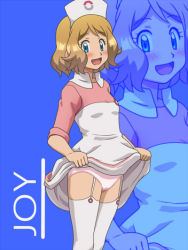 Rule 34 | 1girl, alternate costume, awa, blonde hair, blue background, blue eyes, blush, breasts, character name, clothes lift, cosplay, creatures (company), dress, dress lift, english text, female focus, flashing, game freak, garter straps, hands up, hat, joy (pokemon), joy (pokemon) (cosplay), lifting own clothes, looking at viewer, nintendo, nurse cap, open mouth, panties, pink panties, poke ball theme, pokemon, pokemon (anime), pokemon xy (anime), serena (pokemon), short hair, simple background, small breasts, smile, solo, standing, thighhighs, underwear, white dress, white hat, white thighhighs, zoom layer