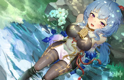 Rule 34 | 1girl, absurdres, ahoge, arm support, bare shoulders, bell, blue hair, blush, breasts, brown legwear, chinese knot, copyright name, detached sleeves, di qi gang guang, flower, flower knot, ganyu (genshin impact), genshin impact, gold trim, highres, horns, long hair, looking at viewer, looking up, medium breasts, neck bell, open mouth, partially submerged, purple eyes, qingxin flower, sideboob, sidelocks, sitting, smile, solo, tassel, thighlet, thighs, vision (genshin impact), white flower, white sleeves