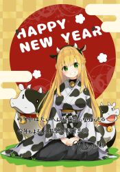 Rule 34 | 1girl, ahoge, animal collar, animal ears, animal print, bell, black hairband, blonde hair, braid, breasts, character signature, chinese zodiac, collar, cow, cow ears, cow horns, cow print, crown braid, fake animal ears, green eyes, grin, hair between eyes, hairband, happy new year, highres, horns, indie virtual youtuber, japanese clothes, kimono, large breasts, long hair, looking at viewer, miyadi (youtuber), neck bell, new year, obi, own hands together, rb2, sash, sitting, smile, solo, virtual youtuber, yellow background, yokozuwari