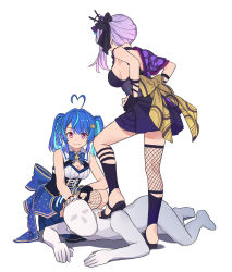 Rule 34 | 1girl, 2girls, ahoge, asano ruri, asano sisters project, blue hair, bow, braid, breasts, cleavage cutout, clothing cutout, faceless, faceless male, femdom, fishnets, from behind, hair ornament, hand on another&#039;s head, hands on own hips, heart, heart ahoge, highres, mair (alive musix), japanese clothes, kimono, medium hair, multiple girls, nail polish, ninja, purple hair, sandals, sash, sideboob, sleeveless, sleeveless kimono, smile, stepped on, toromera, twintails, virtual youtuber, white background