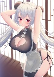 Rule 34 | 1girl, armpits, bare shoulders, black dress, black panties, breasts, bun cover, china dress, chinese clothes, cleavage, cleavage cutout, clothing cutout, commentary request, double bun, dress, grey hair, hair between eyes, hair bun, hair intakes, heart cutout, highres, original, panties, parted lips, pelvic curtain, red eyes, sakura shiho, side-tie panties, sleeveless, sleeveless dress, solo, twintails, underwear, window