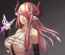 Rule 34 | 10s, 1girl, antiqq, bare shoulders, black background, black gloves, blouse, blue eyes, braid, breasts, bug, butterfly, closed mouth, collared shirt, commentary request, demon horns, draph, fingerless gloves, gloves, granblue fantasy, hair ornament, hair over one eye, horns, insect, large breasts, long hair, looking at viewer, low-tied long hair, narmaya (granblue fantasy), pink hair, pointy ears, shirt, side braid, single braid, sleeveless, sleeveless shirt, smile, solo, upper body, white shirt