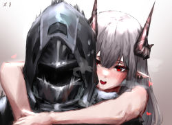 Rule 34 | 1girl, 1other, absurdres, arknights, bare arms, bare shoulders, blush, doctor (arknights), gradient background, grey background, grey hair, highres, hood, hood up, horns, hug, hug from behind, long hair, mask, mudrock (arknights), open mouth, red eyes, steaming body, sweatdrop, upper body, white background, yuukiey