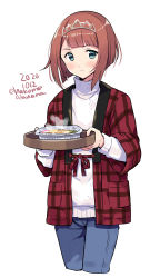 Rule 34 | 1girl, ark royal (kancolle), blue eyes, blue pants, blush, cropped legs, dated, denim, hairband, happi, holding, japanese clothes, kantai collection, long sleeves, odawara hakone, pants, red hair, short hair, simple background, solo, sweater, tiara, twitter username, white background, white sweater
