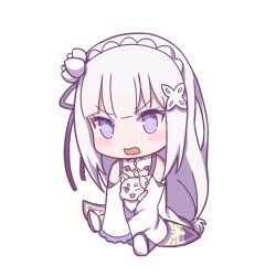 Rule 34 | 1girl, 1other, bare shoulders, blue eyes, blush, chibi, chinese commentary, closed mouth, commentary request, detached collar, dress, emilia (re:zero), flower, full body, hair flower, hair ornament, hair tie, long hair, looking at viewer, one eye closed, open mouth, puck (re:zero), purple eyes, re:zero kara hajimeru isekai seikatsu, shoe soles, sidelocks, simple background, sitting, sleeves past fingers, sleeves past wrists, smile, v-shaped eyebrows, very long hair, white background, white dress, white hair, yukiyaii