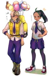 Rule 34 | 1boy, 1girl, :d, absurdres, arven (pokemon), asada sadao, backpack, bag, balloon, belt, black bag, black hair, blush, boots, breast pocket, brown belt, collared shirt, commentary request, creatures (company), game freak, hand on own hip, highres, long hair, necktie, nemona (pokemon), nintendo, notice lines, open mouth, pants, pantyhose, pocket, pokemon, pokemon sv, ponytail, purple necktie, purple pants, purple shorts, shirt, shoes, short sleeves, shorts, smile, squiggle, standing, translation request, vest, white footwear, yellow bag, yellow vest
