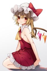 Rule 34 | 1girl, artist name, ascot, bare shoulders, blonde hair, blush, bow, breasts, closed mouth, collared shirt, crystal, flandre scarlet, frilled skirt, frills, gradient background, grey background, grey shirt, hair between eyes, hat, hat bow, highres, jewelry, looking away, mob cap, multicolored wings, one side up, red bow, red eyes, red skirt, red vest, seiza, shadow, shirt, short hair, sideboob, simple background, sitting, skirt, skirt set, sleeveless, sleeveless shirt, small breasts, solo, touhou, vest, white background, white hat, wing collar, wings, yellow ascot, yuineko