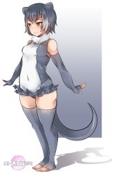 Rule 34 | 10s, absurdres, animal ears, elbow gloves, fur collar, gloves, grey hair, highres, kemono friends, multicolored hair, multiple girls, open mouth, otter ears, otter tail, short hair, shunter, small-clawed otter (kemono friends), smile, solo, swimsuit, tail, thighhighs, toeless legwear, toes, two-tone hair