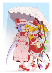 Rule 34 | 2girls, bag, bat wings, blonde hair, blue hair, blush, boots, eichi yuu, fang, flandre scarlet, handbag, hat, highres, holding, holding hands, holding umbrella, long hair, mary janes, multiple girls, open mouth, parasol, pointy ears, red eyes, remilia scarlet, shoes, short hair, siblings, side ponytail, sideways mouth, sisters, smile, touhou, umbrella, white legwear, wings, wrist cuffs