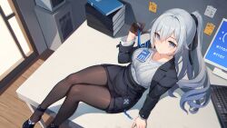 Rule 34 | 1girl, absurdres, black footwear, black jacket, black pantyhose, black skirt, breasts, bronya zaychik, brown gloves, closed mouth, commentary, gloves, grey eyes, grey hair, half gloves, hand up, highres, honkai (series), honkai impact 3rd, huang tie lin, id card, indoors, jacket, keyboard (computer), large breasts, long sleeves, looking at viewer, monitor, on table, open clothes, open jacket, pantyhose, pencil skirt, pink pupils, ponytail, ribbed shirt, shirt, shirt tucked in, sidelocks, sitting, skirt, solo, sticky note, table, white shirt