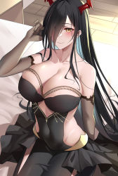 Rule 34 | 1girl, absurdres, arm behind back, azur lane, bare shoulders, black dress, black gloves, black hair, black legwear, breasts, cleavage, closed mouth, collarbone, covered navel, dress, elbow gloves, friedrich der grosse (azur lane), friedrich der grosse (zeremonie of the cradle) (azur lane), gloves, hair over one eye, hand up, highres, horns, impossible clothes, impossible dress, indoors, large breasts, larger bmx, long bangs, long hair, looking at viewer, mechanical horns, official alternate costume, on bed, red horns, rope, showgirl skirt, sitting, skindentation, smile, solo, very long hair, wooden floor, yellow eyes