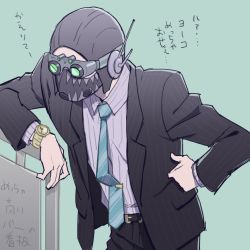 Rule 34 | 1boy, alternate costume, apex legends, belt, black belt, black headwear, black pants, blue necktie, clenched hand, collared shirt, formal, goggles, green background, hand on own hip, leaning forward, looking down, male focus, mask, mouth mask, necktie, octane (apex legends), pants, shirt, solo, suit, tamtam, watch, wristwatch