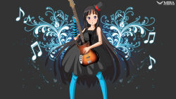 Rule 34 | 00s, 1girl, akiyama mio, bass guitar, black hair, blue pantyhose, blunt bangs, don&#039;t say &quot;lazy&quot;, dress, fingerless gloves, gloves, guitar, hat, highres, hime cut, instrument, k-on!, long hair, mini hat, mini top hat, mira (artist), mira (silence), pantyhose, purple eyes, single glove, solo, top hat