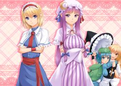 Rule 34 | 4girls, :o, alice margatroid, apron, backpack, bad id, bad pixiv id, bag, blonde hair, blue eyes, blue hair, border, bow, braid, breast rest, breasts, capelet, checkered background, chiro, crescent, crossed arms, dress, female focus, frown, grabbing another&#039;s hair, hair bobbles, hair bow, hair ornament, hat, unworn hat, hat ribbon, headband, unworn headwear, hug, impossible clothes, impossible jacket, jacket, kawashiro nitori, kirisame marisa, large breasts, long hair, looking at viewer, mob cap, multiple girls, one eye closed, open mouth, patchouli knowledge, pink background, purple eyes, purple hair, ribbon, robe, sash, short hair, sidelocks, single braid, subterranean animism, touhou, twintails, two side up, vest, waist apron, wink, witch hat, wrist cuffs, yellow eyes