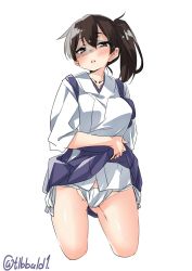 Rule 34 | 10s, 1girl, bad id, bad twitter id, blush, brown eyes, brown hair, cowboy shot, cropped legs, ebifurya, fundoshi, gluteal fold, groin, hair between eyes, hakama, hakama short skirt, hakama skirt, highres, inactive account, japanese clothes, kaga (kancolle), kantai collection, lifted by self, looking at viewer, open mouth, shaded face, side ponytail, simple background, skirt, solo, twitter username, white background
