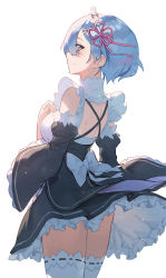 Rule 34 | 1girl, back bow, bare shoulders, black dress, blue eyes, blue hair, bow, breasts, closed mouth, cowboy shot, detached sleeves, dress, flower knot, frilled dress, frilled sleeves, frills, from behind, hair ornament, hair ribbon, hairband, hairclip, hand on own chest, highres, lolita hairband, long sleeves, looking at viewer, looking back, maid, medium breasts, pink ribbon, profile, re:zero kara hajimeru isekai seikatsu, rem (re:zero), ribbon, ribbon-trimmed legwear, ribbon trim, seon (seonon ), short sleeves, smile, solo, thighhighs, white bow, white thighhighs, x hair ornament, zettai ryouiki