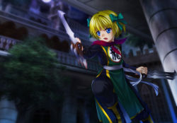 Rule 34 | 1girl, blonde hair, blue eyes, bow, castle, china dress, chinese clothes, claw (weapon), cosplay, dragon quest, dragon quest iii, dragon quest v, dress, fighter (dq3), fighter (dq3) (cosplay), hair bow, hero&#039;s daughter (dq5), mutsuki (moonknives), short hair, solo, square enix, weapon