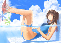 Rule 34 | 1girl, absurdres, bad id, bad pixiv id, ball, beachball, brown eyes, brown hair, cloud, highres, long hair, lying, one-piece swimsuit, original, outdoors, ponytail, shiratama (monster1553), shoes, sky, sneakers, solo, swimsuit, thigh strap, water