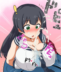 Rule 34 | !, 10s, 1girl, :o, agano (kancolle), black hair, blush, breasts, cum, cum on clothes, ejaculation, ejaculation under clothes, gloves, green eyes, isemagu, kantai collection, large breasts, long hair, looking down, necktie, nose blush, open mouth, paizuri, paizuri under clothes, pleated skirt, projectile cum, school uniform, skirt, solo, solo focus