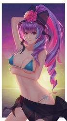 Rule 34 | 10s, 1girl, absurdres, arm up, backlighting, beach, bikini, black ribbon, blue bikini, blue bow, blue hair, border, bow, breast hold, breasts, closed mouth, covered erect nipples, cowboy shot, curly hair, earrings, eyebrows, eyelashes, flower, glint, hair flower, hair ornament, hair ribbon, highres, horizon, jewelry, leaning to the side, lens flare, lips, long hair, looking at viewer, macross, macross delta, medium breasts, mikumo guynemer, multicolored hair, o-ring, o-ring bottom, o-ring top, ocean, ousang, outdoors, outside border, pink flower, pink hair, purple eyes, purple hair, red eyes, ribbon, sarong, see-through, sky, solo, stomach, strap gap, streaked hair, string bikini, summer, swimsuit, triangle, twilight, underboob, white border