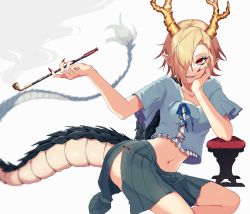 Rule 34 | 1girl, antlers, blonde hair, blue ribbon, blue shirt, breasts, coccix, collarbone, commentary request, dragon horns, dragon tail, elbow rest, eyelashes, feet out of frame, fingernails, green skirt, hair over one eye, hand on own cheek, hand on own face, highres, holding, holding smoking pipe, horns, kicchou yachie, kiseru, long fingernails, looking at viewer, medium breasts, midriff, nail polish, navel, open mouth, parted lips, pointy ears, red eyes, red nails, ribbon, sharp fingernails, shell, shirt, short hair, short sleeves, side slit, simple background, skirt, smile, smoke, smoking pipe, solo, tail, touhou, white background
